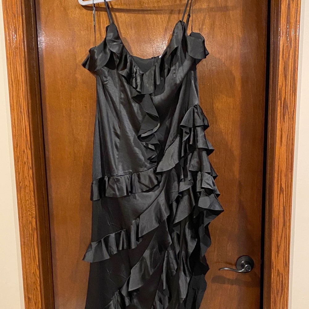 Elliatt Black Satin Asymmetrical Ruffle Dress